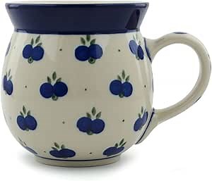 Polmedia Polish Pottery Bubble Mug 16 oz - Wild Blueberry Pattern Handmade in Boleslawiec Poland by Ceramika Artystyczna + Certificate of Authenticity