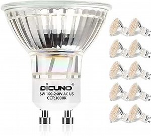 DiCUNO GU10 LED Bulbs 5W Warm White 3000K, 500lm, 120 Degree Beam Angle, Spotlight, 50W Halogen Bulbs Equivalent, Non-dimmable MR16 LED Light, 10-Pack