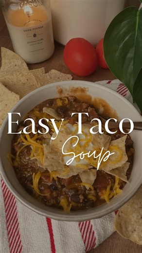 THIS is what’s for supper! It’s easy, it’s classic and it’s delicious! 🤤 EASY TACO SOUP Ingredients: 2 lbs ground beef 1 onion, diced Garlic (to taste) Taco seasoning 1 can pinto beans 1 can black beans 2 cans Rotel Frozen corn Toppings (optional but recommended 😉) Sour cream Shredded cheese Crushed corn chips Instructions: Brown the ground beef in a large pot with the diced onion and garlic until fully cooked. Add taco seasoning and stir well. Stir in the pinto beans, black beans, Rotel, and 
