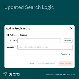We're excited to introduce Tebra's latest feature designed to enhance EHR efficiency — a streamlined Problem Search to simplify ICD-10 code documentation. 🚀 Designed to simplify your workflow, this tool reduces the time spent on searching and documenting patient health issues and conditions. Key benefits include: ~Eliminated ICD-9 Codes, focusing on ICD-10 for more relevant search results. ~Revamped ICD-10 Codes vs. Conditions Search to align with your preferred workflow. ~Updated Search Logic 