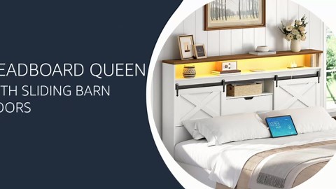 HOOBRO Headboard Queen Size with Storage, Farmhouse Queen Headboard Only with Charging Station and LED Lights, Bookcase Headboards with Flip-Down Drawer, Sliding Barn Doors, White and Walnut
