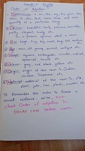 Order of Adjectives for grade 3: English