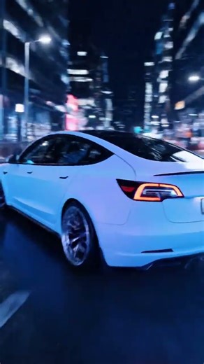 Tesla Model 3 Performance 2023 Neon Night Drift on Wet Downtown