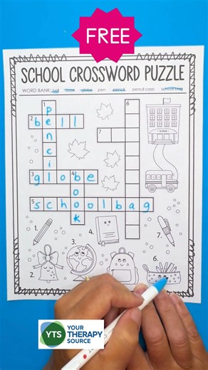 📚 Fun Learning in one activity! This school crossword puzzle is free to download and keeps kids busy solving AND coloring. 🎨 ✔️ Improves fine motor skills ✔️ Boosts handwriting practice ✔️ Strengthens visual perception ✔️ Builds spelling & vocabulary 👉 Get your free printable at the end of the blog post! | Your Therapy Source