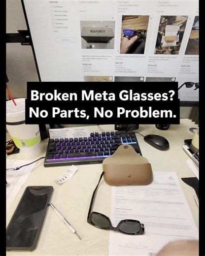 Broken Ray-Ban Meta glasses. No replacement parts. No donor parts. No problem. After a careful teardown and some JB Weld, we were able to save this pair instead of sending them to the trash. Charging works, cameras work, and the arm opens and closes properly. Would you repair them or replace them? Full 12-minute repair video on Facebook & YouTube: 🔍
