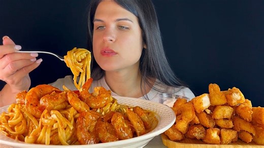 『ASMeRi Eats』中字 | 虾意大利面 炸鱼 | ASMR咀嚼音