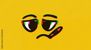 Sick face emoticon with thermometer with glitch effect on yellow background, Cartoon face expressions animation, Emoji motion graphics.