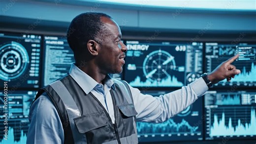 Confident african american engineer in a high tech control room monitoring oil production and energy data, pointing at a digital screen displaying fluctuating charts and futuristic infographics