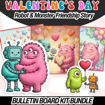 Valentine's Day Bulletin Board Kit & Friendship Story | Robot & Monster Bundle
