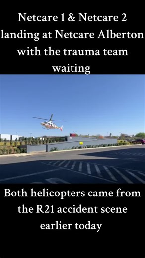 Netcare 1 & Netcare 2 landing at Netcare Alberton following the accident on the R21 earlier today. Credit to T.Swartz for the video #netcare911helicopter #accident