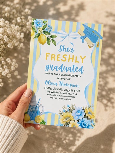 Lemon Graduation Party Invitation Blue Yellow She's Freshly Graduated Summer Grad Invite (Editable Canva Template Digital Download)