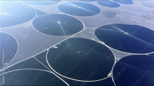 Aerial view of circular water bodies in an agricultural area for Earth Day, highlighting water conservation and irrigation management. capturing an original planetary scene