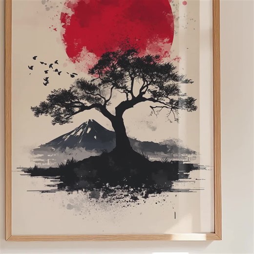 Japanese Minimal Tree Digital Download | Red Sun Zen Landscape Printable Art | Japanese Wall Art Gift - Etsy