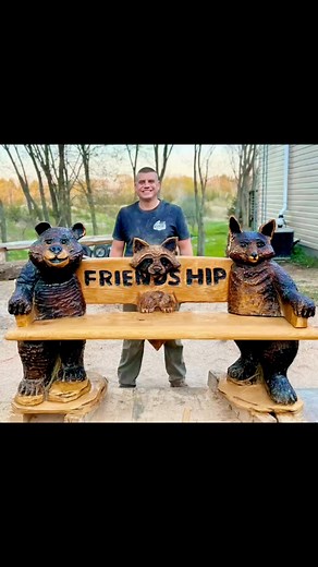 Chainsaw carved bench w/bear, fox, and raccoon - Timelapse Reel #meadowlarkchainsawcarving #chainsawcarving #Godisgood | Meadowlark Chainsaw Carving LLC