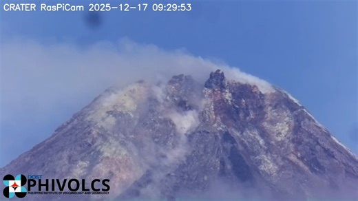 LOOK: Rockfall was recorded at 09:29 AM today, 17 December 2025, by seismic and visual monitors of the Mayon Volcano Network, generated by the detachment or "spalling" of lava from the summit crater of Mayon. Rockfall travelled along Mi-isi Gully (south-southeast of upper slope; left of camera footage) and came to rest within a kilometer of the Mayon summit. Alert Level 1 prevails over Mayon Volcano, and avoidance of the Permanent Danger Zone is strongly advised. #MayonVolcano | Philippine Insti