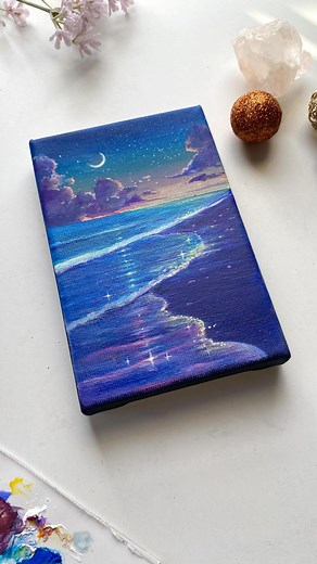 mei★studio on Instagram: "Another palm size canvas painting🌙✨💙I drew this with full of magic and fantasy🥰🎨The result is satisfying for me, I hope for you too❣️ This work is now on sale🥺💓 #acrylicpainting #acrylicart #painting #artreels #reelsinstagram #processvideo #dreamy #fantasy #canvas #アクリル画 #イラスト好きな人と繋がりたい"