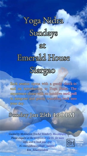 Bituon Wisdom | Kim M Pozzi on Instagram: "🌙 Yoga Nidra Sundays at Emerald House Siargao🌙 Deep relaxation, nervous system restoration, and intuitive integration. This Sunday January 25th at 4:30 PM. Yoga Nidra is a guided yogic sleep practice that supports: ✨ Nervous system regulation ✨ Mental clarity and emotional ease ✨ Deep physical relaxation ✨ Restorative integration What to expect: Each session opens with a gentle check-in and a short introduction to Yoga Nidra, and closes with an intuit