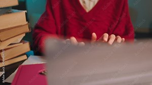 Closeup to the camera lady type some documents using eco machine typewriter details