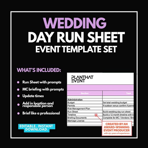 Wedding Day & MC Run Sheet Template: Professional Event Timeline | Editable | Excel - Etsy Canada