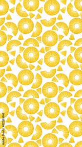 HD animated pattern of pineapple pieces moving from top to bottom. Juicy pineapple rings in a hand-drawn style creating a repeatable background. Vertical video.
