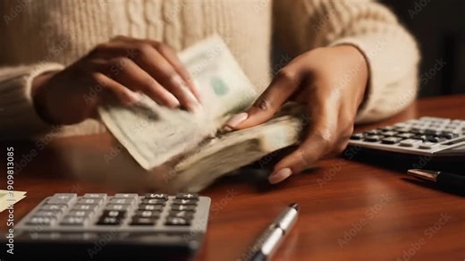 Counting cash and using calculators at a desk in an indoor setting during daytime