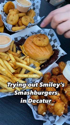 Atlanta Eats on Instagram: "#OJtheEditor and Trisha check out @smileysburgerclub in Decatur! Pick up, outside only no frills spot for epic smash burgers and smiley fries! Don’t skip out on the cheese curds! #atlantaeats #atlantafoodie #smashburger #atlfoodie #atlantarestaurants"