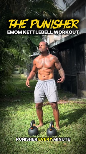 The PUNISHER EMOM Kettlebell Workout This is a 20 min every minute on the minute workout that definitely lives up to the name. Here’s the work: Round 1 - 4 Deficit Push Ups - 4 Gorilla Rows - 4 Alt Presses *rest until the top of the minute Round 2 - 4 Deadlifts - 4 Squat to Reverse Lunges *rest until the top of the minute Repeat each round until the 20 min timer is up I’m using two 60lbs kettlebells Save this one and get busy #kettlebell #fullbodyworkout #fyp