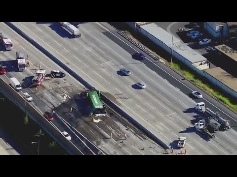 Big rig bursts into flames on 57 Freeway
