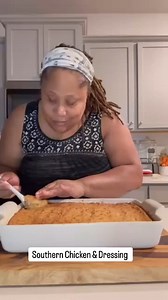 Southern Chicken & Dressing -Ingredients- 3 cups crumbled corn bread 2 cups breadcrumbs 1 teaspoon creole seasoning 1 teaspoon garlic powder 1 teaspoon onion powder 1 teaspoon sage 1 teaspoon thyme 1 chicken bouillon packet 3 cups chopped chicken 1/3 cup butter 3 stalks celery chopped 3 stalks onion chopped 3 eggs 5 cups chicken stock or broth -Instructions- In a large bowl, combine the breads, seasonings, chicken bouillon packet, and chicken, then set it aside. In a large pan over medium heat, 