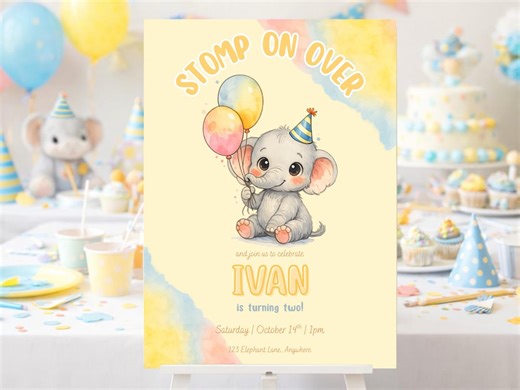 Elephant Birthday Invitation, Elephant 1st 2n Birthday Invite Template, Editable Pastal Minimalist Elephant Birthday Invite - Etsy