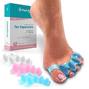 Ped-Rx Toe Separators - Toe Stretchers - To Straighten Overlapping Toes, Crooked Toes, Hammer Toe, Correct Bunions, Restore Natural Alignment - Universal Size - 6 Pieces (2 Blue 2 Pink and 2 White)