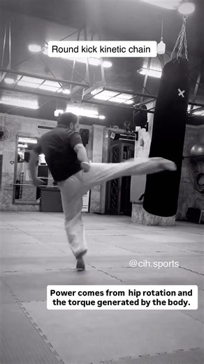 Round kick: Torque is the rotational force generated by the hips & core that produces a kick’s power