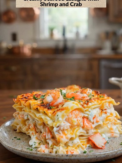 Creamy Seafood Lasagna with Shrimp & Crab 😍 Full recipe is on my page— right under my profile picture ⬆️