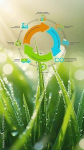 Circular economy line infographic on green nature background. Sustainable business model. Scheme of product life cycle from raw material to production, using recycling.Vertical video.
