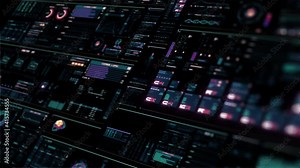 Multicolored futuristic interface with digital elements, folders, histograms, numbers and code running. Perspective looping HUD head-up display computer data. Fade in screen. Data Flowing