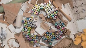 Collection of Waste Paper for Recycling. Loop. The recycling symbol is made up of old AA batteries. It rotates slowly among paper and cardboard waste paper, symbolizing collection, recycling and reuse