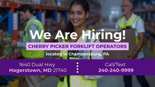 Now Hiring Cherry Picker forklift operators for a Brand New warehouse off Route 81 in Chambersburg, PA. 1st, 2nd and weekend shifts available, paying up to $22.50/hour, 3 months of high reach or cherry picker experience required. Apply today at https://www.elwoodstaffing.com/jobs/view/4366137/forklift-operator-cherry-picker-and-high-reach-warehouse-maryland-hagerstown or call/text our recruiters at (240) 240-9999! | Elwood Staffing - Maryland