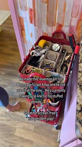 Many hours of independent creative play has happened with this DIY Invention Kit! We used a simple 3-tier metal rolling cart and stocked it with a variety of items from the hardware store: - cotton rope - small pulley - clips - hooks - rubber bands - velcro - pieces of lightweight chain - magnets - small bungee cords - random items from around the house like springs, key chains and mason jar lids Great screen free play option! | Mr. Kate