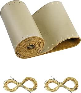 BELINOUS Leather Steering Wheel Cover Lace Up, Stitch on Steering Wheel Wrap, Universal Fit 13-20 Inch Car Truck Pickup Boat, A Whole Piece of Cowhide, DIY w/Needle Thread (Size L4, Beige)