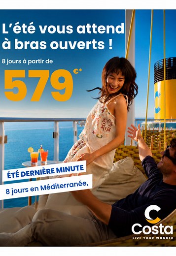 Votre été peut encore commencer en mer… avec Costa 🚢☀️ Bonne nouvelle : la promo Last Minute de Costa pour cet été est prolongée jusqu’au 20 juillet ! Au programme : une sélection de départs de juin à octobre 2026, dès 579€ par personne 🌊 Soleil, escales, détente et ambiance Costa… il ne reste plus qu’à choisir votre prochaine croisière. 📌 Enregistrez cette vidéo pour ne pas passer à côté de l’offre 🔗 Faites votre devis directement en ligne, lien en bio #CostaCroisières #Croisiere #LastMinut