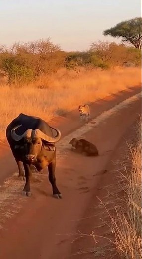 A buffalo protects its calf from a cheetah