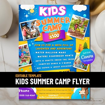 Editable Kids Summer Camp Flyer, Printable Camp Activity Template, Edit in Canva