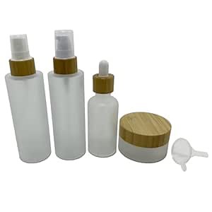 Empty Refillable Frosted Glass Cosmetic Skin Care Containers with Bamboo Cover 4 Pack,Spray Bottle,Lotion Pump Bottle,Dropper Bottle and Cream Jar for Cosmetic Storage