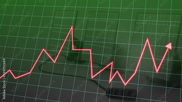 Rising red line graph animation over solar panels and green grid background
