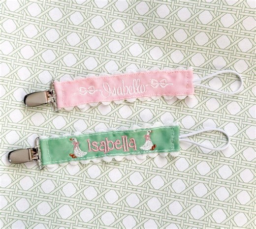 Pacifier Clip - Custom Embroidered Name - Goose and Bow - Etsy