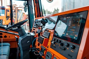 Modern tractor cab interior focused on technology and agriculture. Captures industry advancements. Generative AI
