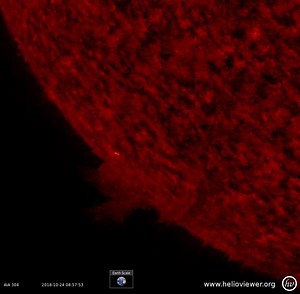 On Oct. 24-25, our Solar Dynamics Observatory satellite watched as a solar prominence rose up above the Sun’s surface, twisted around, then became elongated and broke away from the Sun. Prominences are relatively cool clouds of solar material (called plasma) that are tethered above the Sun’s surface by magnetic forces. Although tiny on the scale of the Sun, this prominence stretched out about ten times the diameter of Earth — see Earth inset for scale. These images were taken in a wavelength of 