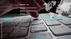 Man working on laptop computer keyboard with graphic user interface GUI hologram showing concepts of big data science technology, digital network connection and computer programming algorithm.