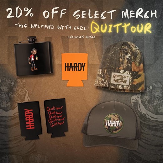 ⚠️ MERCH SALE: The Quit!! Tour merch is now available to order online! Use code QUITTOUR to get 20% off storewide this weekend 🤘🏼 Shop here: shop.hardyofficial.com | HARDY