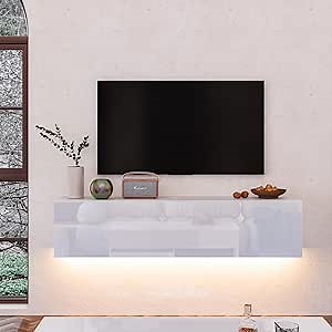 Floating TV Stand with Led Light for TVs up to 65", Modern High Gloss 55" Entertainment Center White Wall Mounted TV Media Console with Storage Cabinets Floor Mounted Media Console with LED Lights